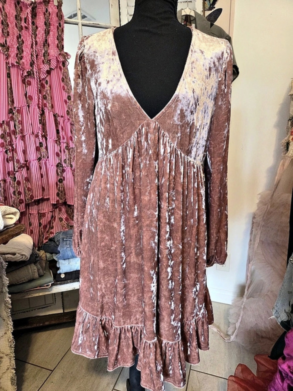 Hem & Thread Velvet Ruffle Hem Dress Velvet Mini Dress in Pink Size Small Like